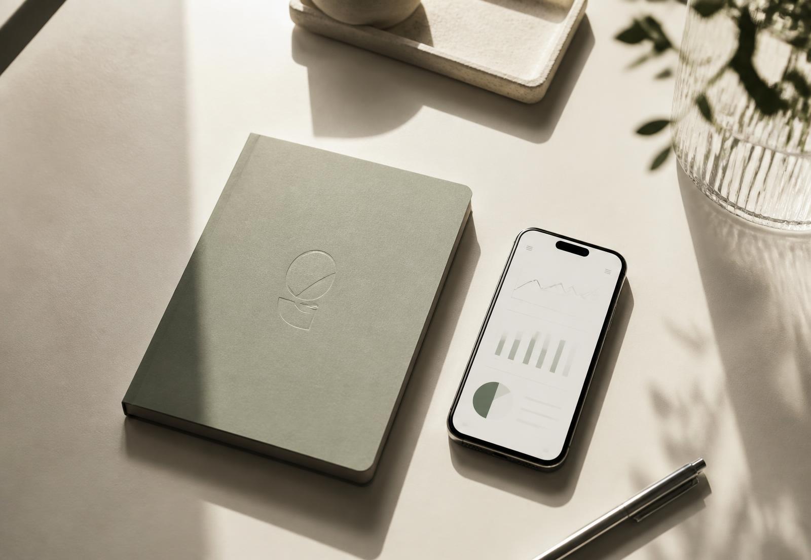 Minimalistiskt skrivbord med anteckningsbok och dashboard i telefonen
